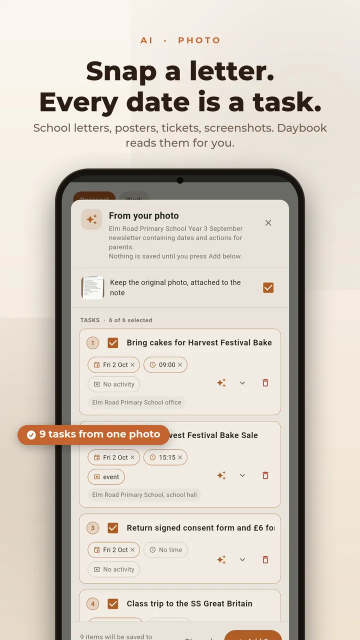 Snap a letter. Every date is a task. School letters, posters, tickets and screenshots: nine tasks from one photo.