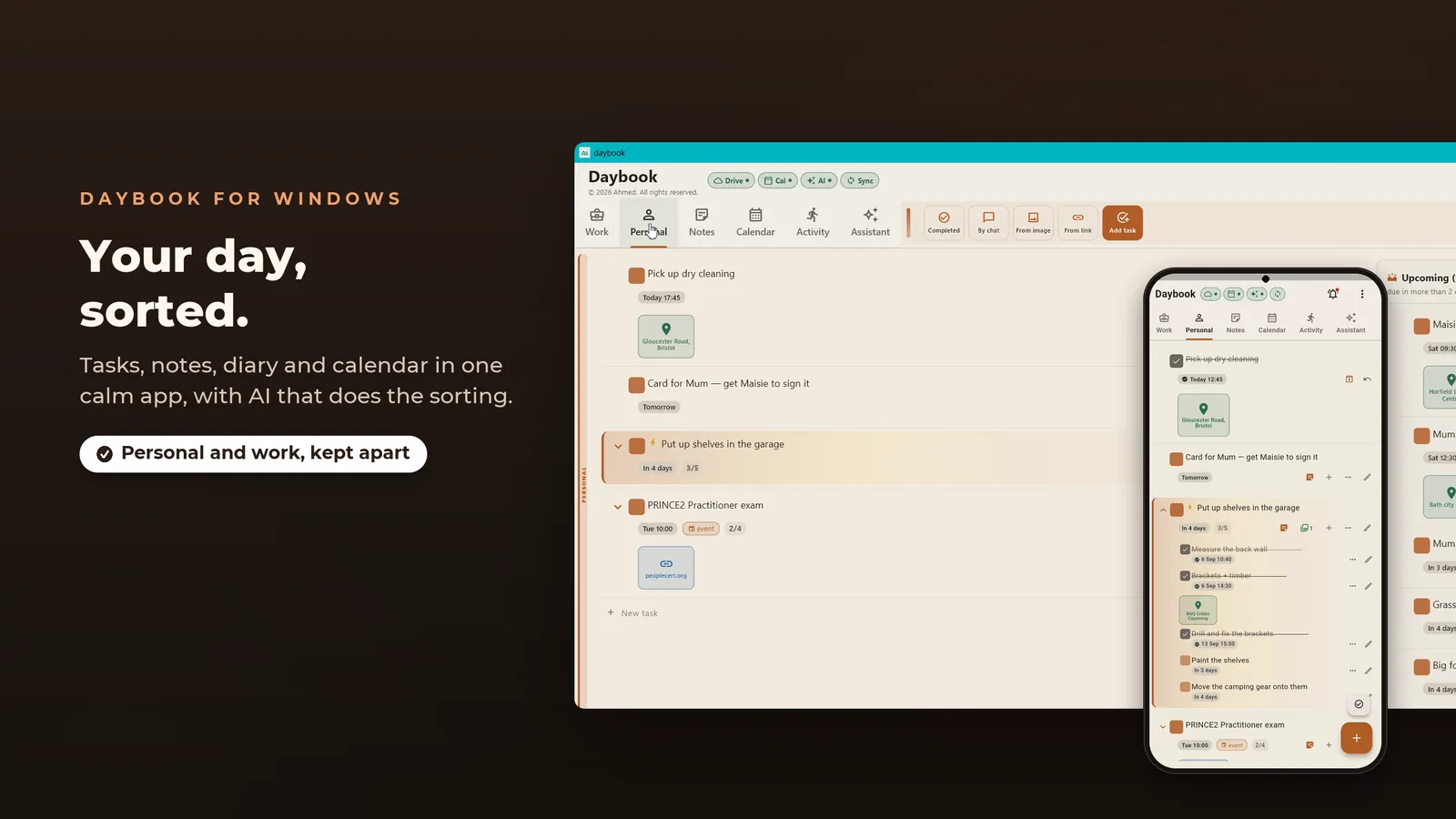 Daybook for Windows: your day sorted, personal and work tasks kept apart, with the phone beside it