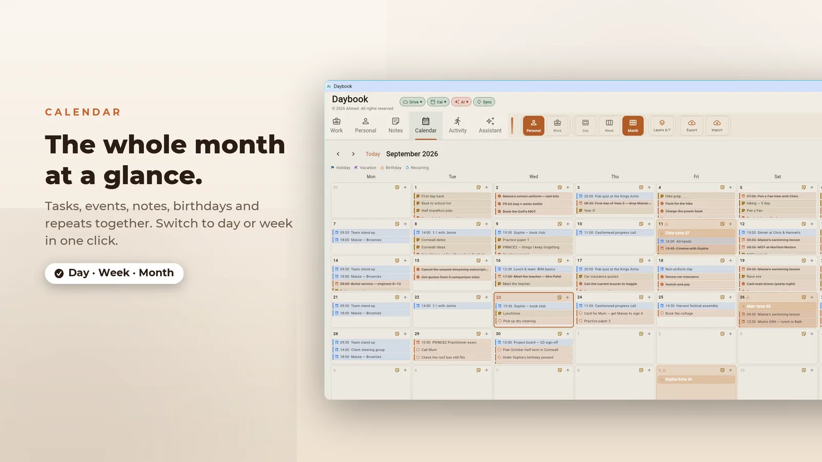 Daybook for Windows: the whole month at a glance, with tasks, events, notes, birthdays and repeats