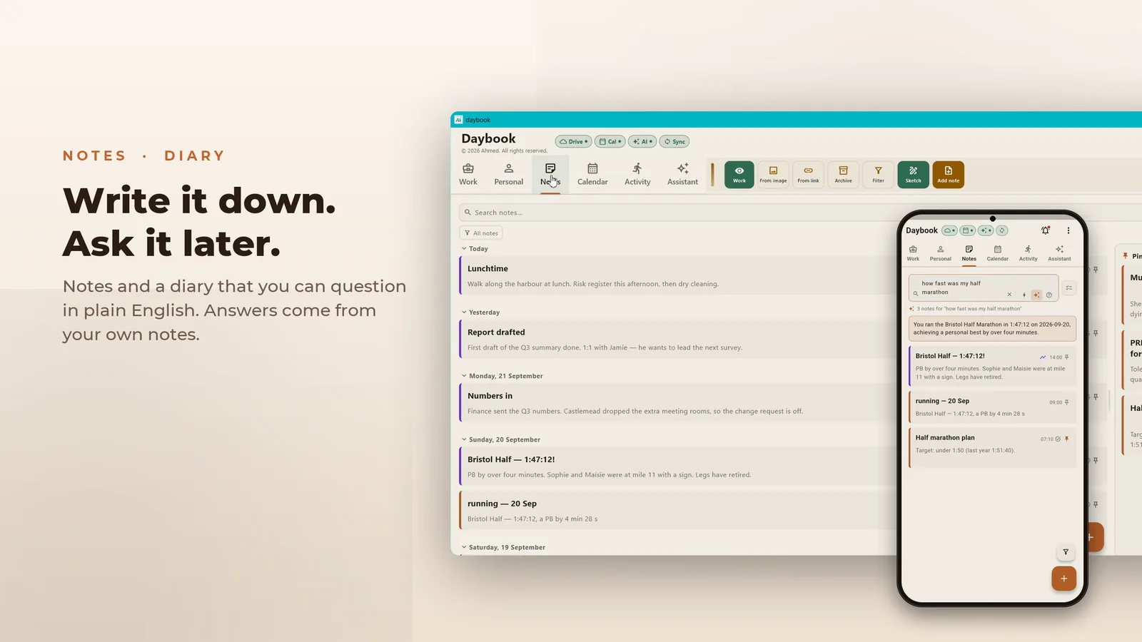 Daybook for Windows: write it down, ask it later, notes and a diary you can question in plain English
