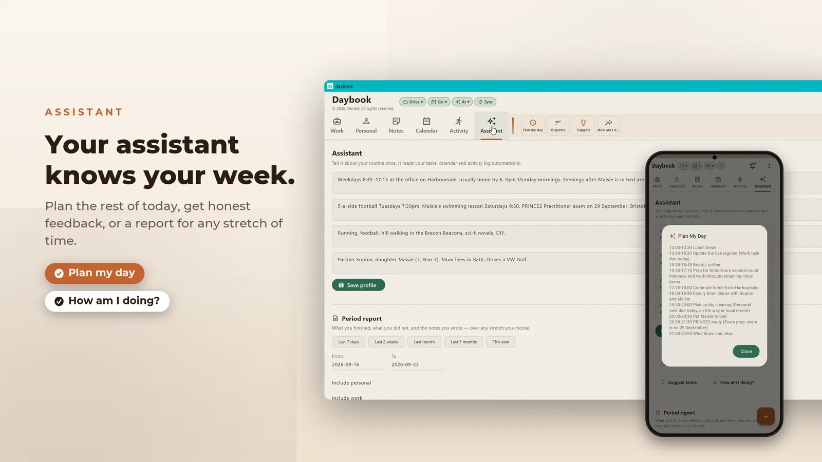 Daybook for Windows: your assistant knows your week, plans the rest of today or reports on any stretch of time