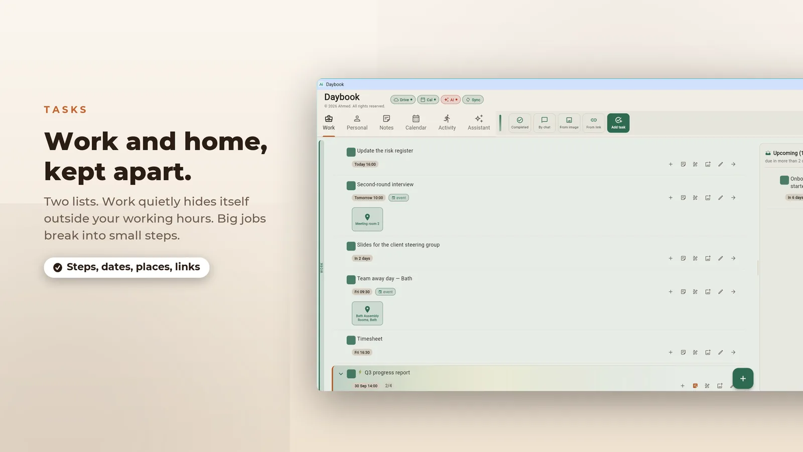 Daybook for Windows: work and home kept apart, the Work list hides itself outside working hours
