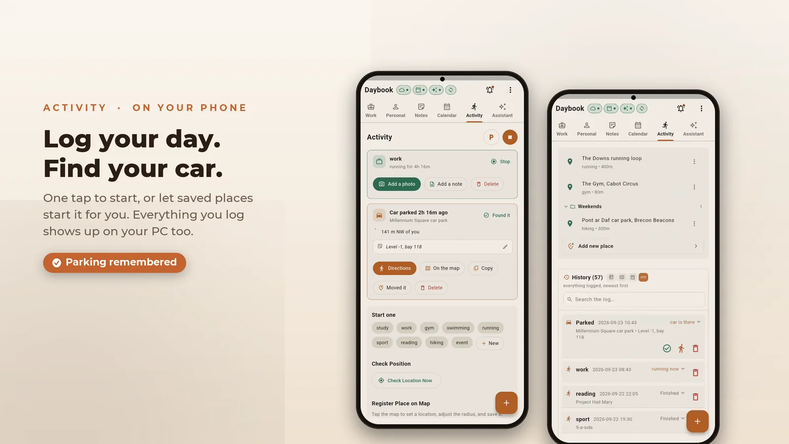Daybook on the phone: log your day and find your car, and everything you log shows up on your PC