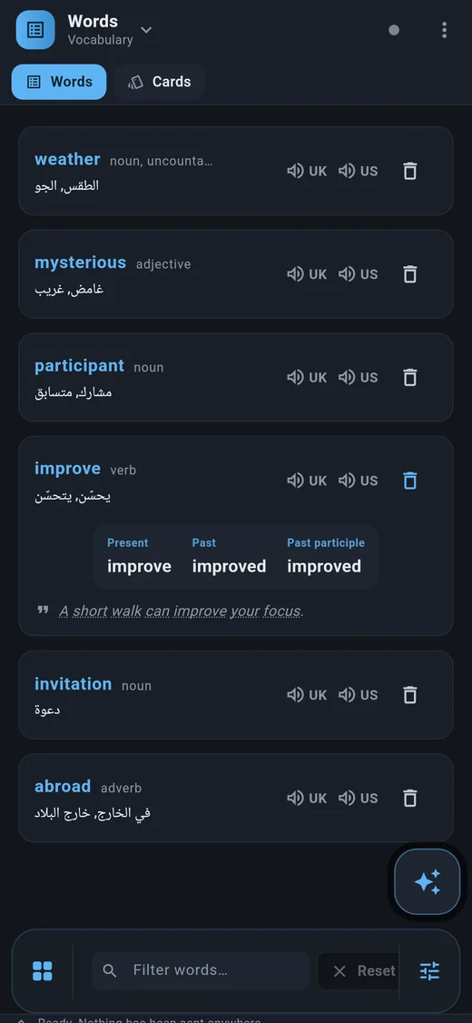 English tutor screenshot: saved words with their Arabic meanings, one opened to show its verb forms