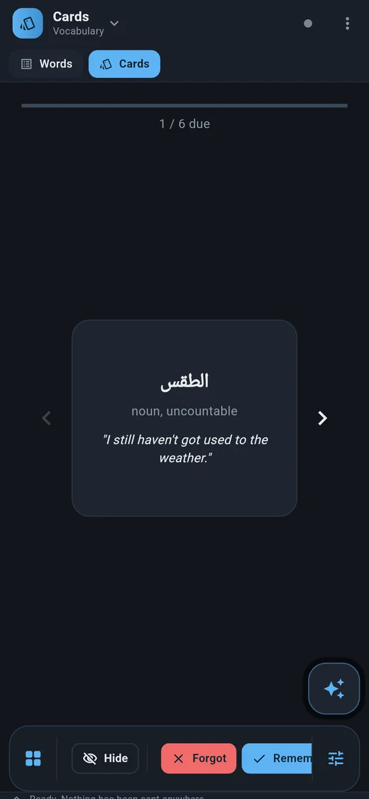 English tutor screenshot: a flashcard showing a word's meaning in Arabic with the sentence it was saved from
