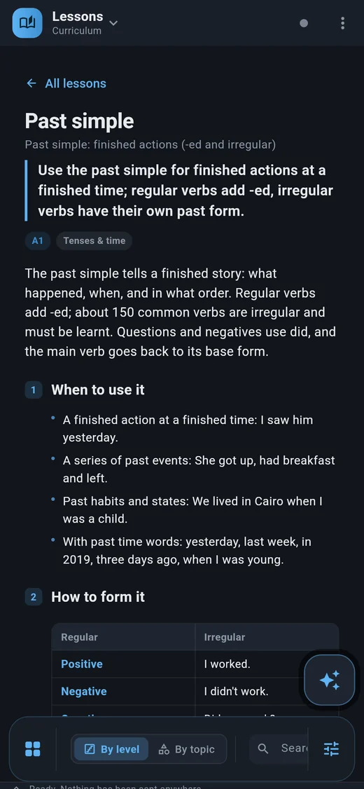 English tutor screenshot: a grammar lesson on the past simple, with when to use it and how to form it