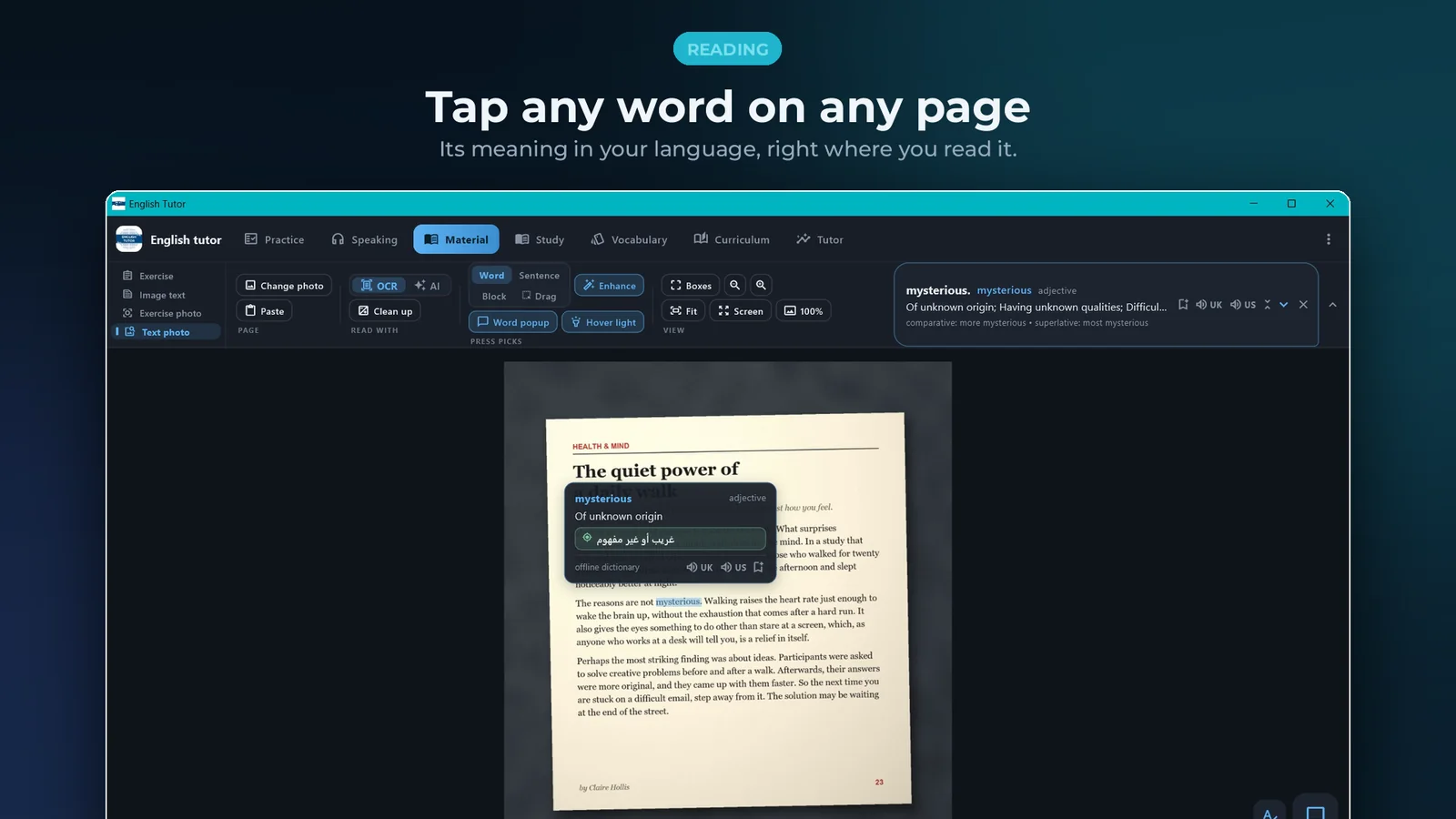 English tutor for Windows: Tap any word on any page for its meaning in your language