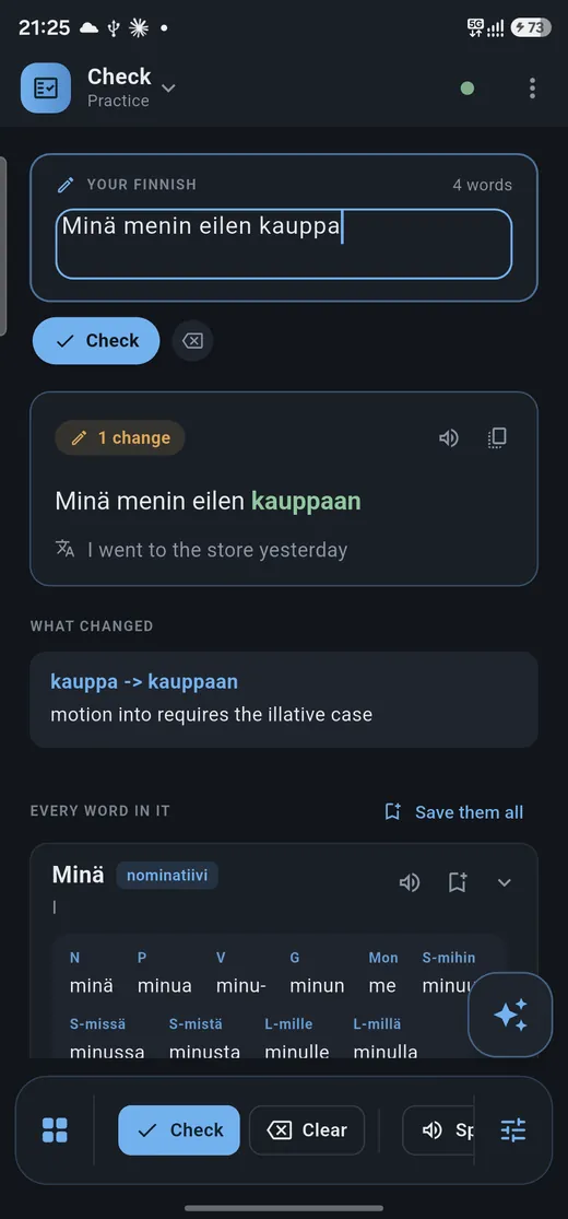 Finnish tutor screenshot: a Finnish sentence checked, with the correction kauppa to kauppaan explained as the illative case
