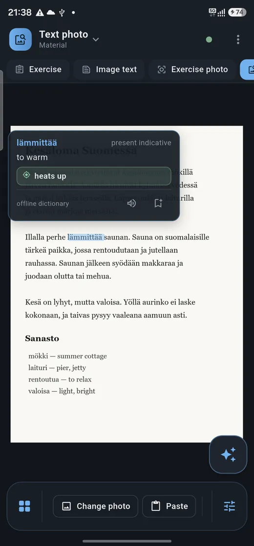 Finnish tutor screenshot: a photographed page where every word is tappable for its dictionary entry
