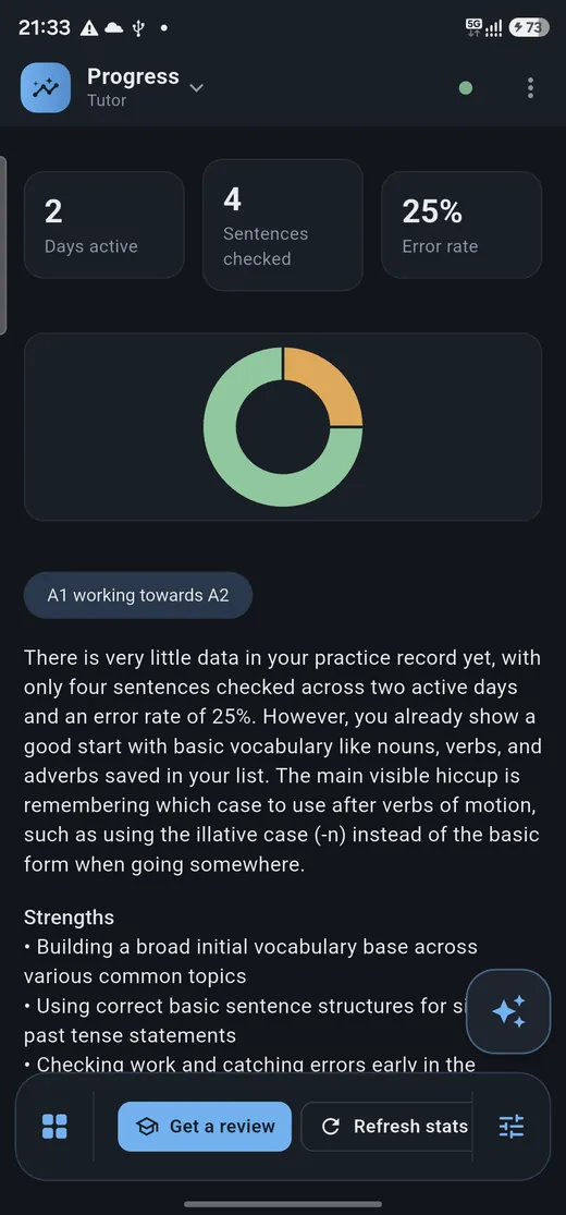 Finnish tutor screenshot: progress review showing level, strengths and topics to work on