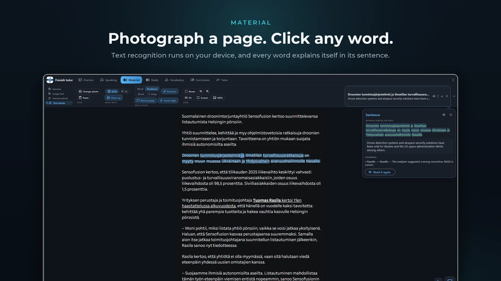 Finnish tutor for Windows: Photograph a page and click any word; text recognition runs on your own device