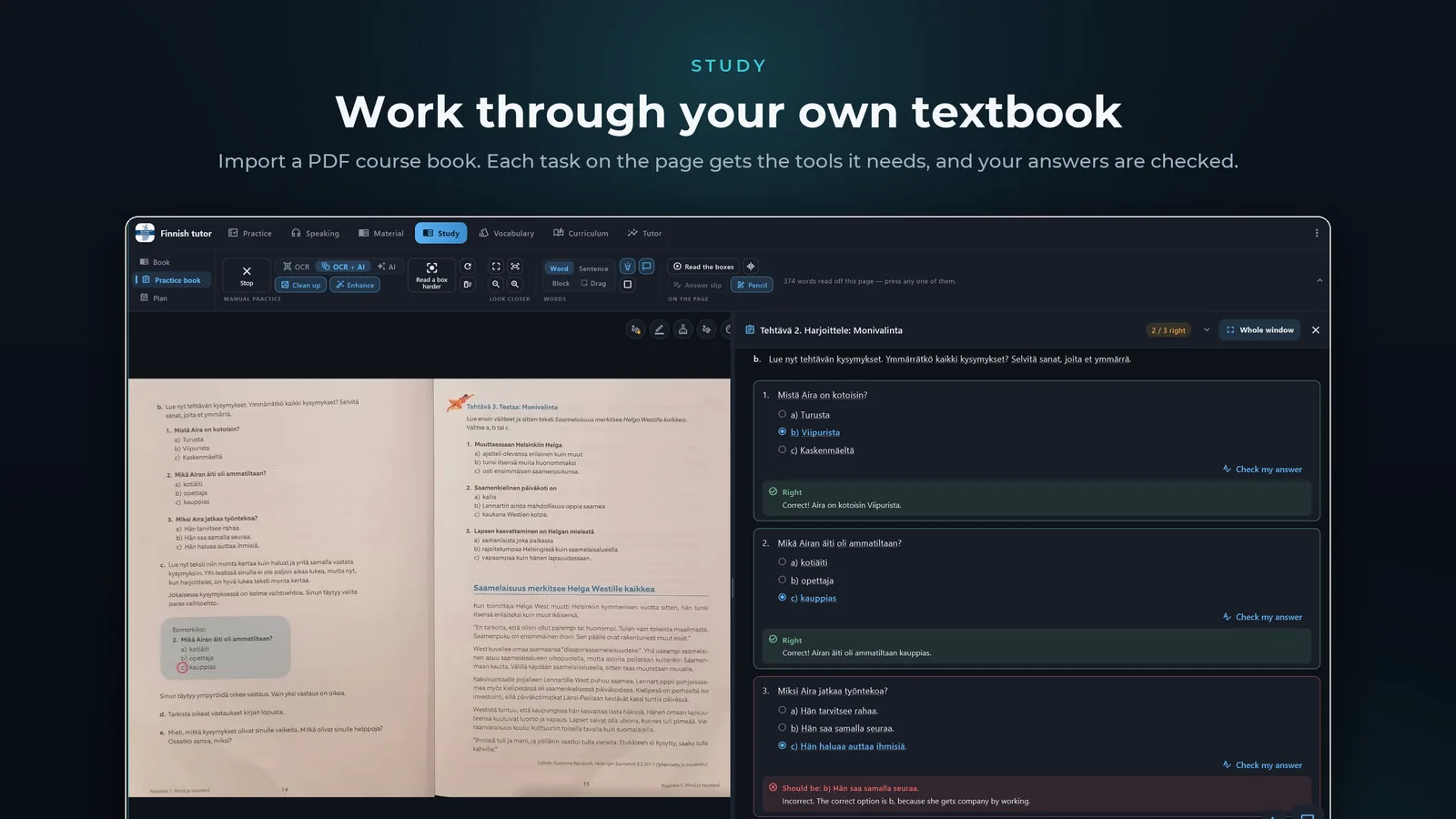 Finnish tutor for Windows: Work through your own textbook: import a PDF course book and each task on the page gets its tools and a checked answer