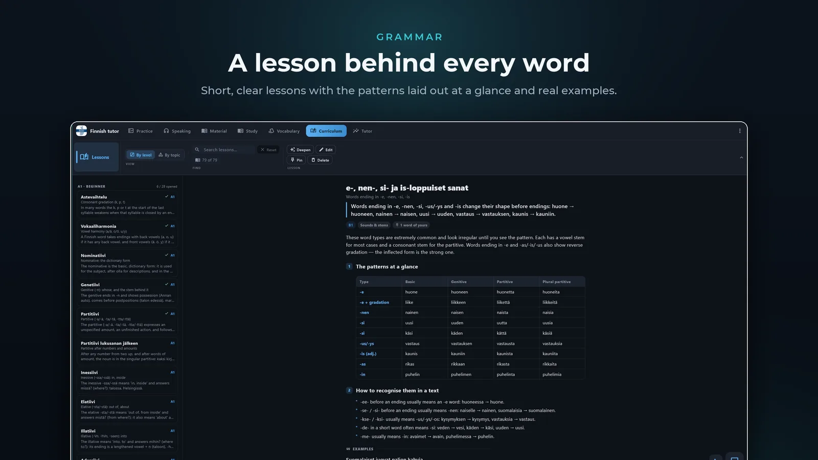 Finnish tutor for Windows: A lesson behind every word, with the patterns laid out at a glance and real examples
