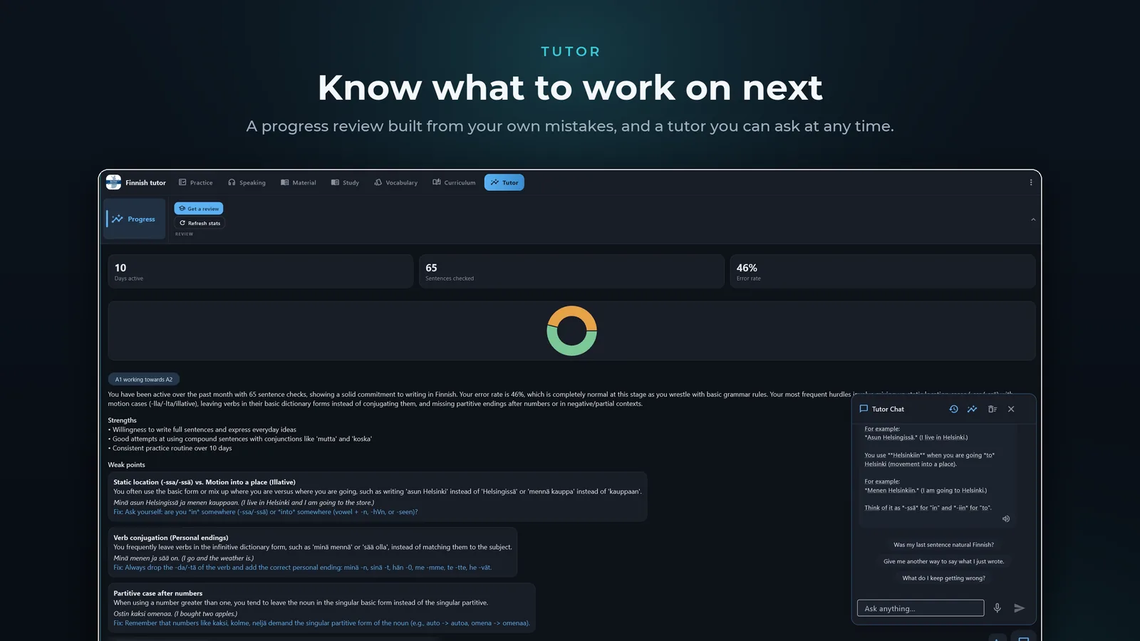Finnish tutor for Windows: A progress review built from your own mistakes, and a tutor you can ask at any time